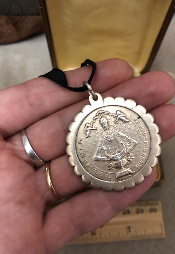 Antique Religious Pendant Large Medal W/Black Sil… - image 3