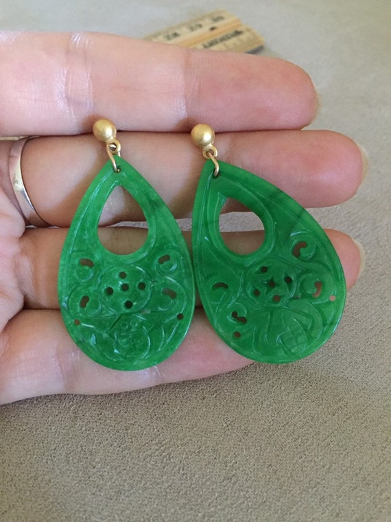 Beautiful Art Deco style Apple Green Jade Dangle … - image 10