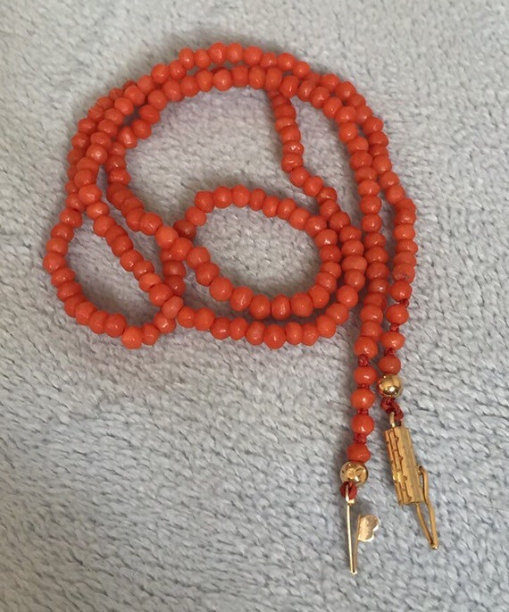 Victorian Salmon Red Coral Necklace 16" with 14K g