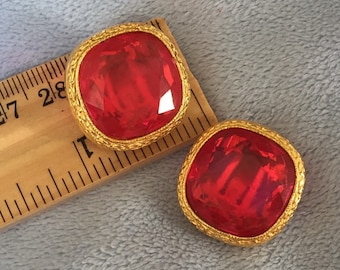 Vintage Raspberry Red Clip On Earrings, Matte Gold Ornate Frames