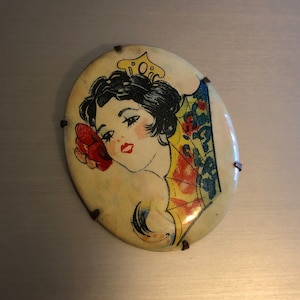 Art Deco 1920 Charming Flapper Celluloid Pin Brooch geisha girl with fan