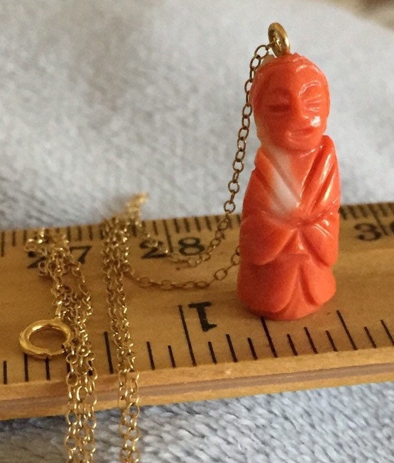 Vintage Antique Carved 14K Salmon Coral Geisha pe… - image 3