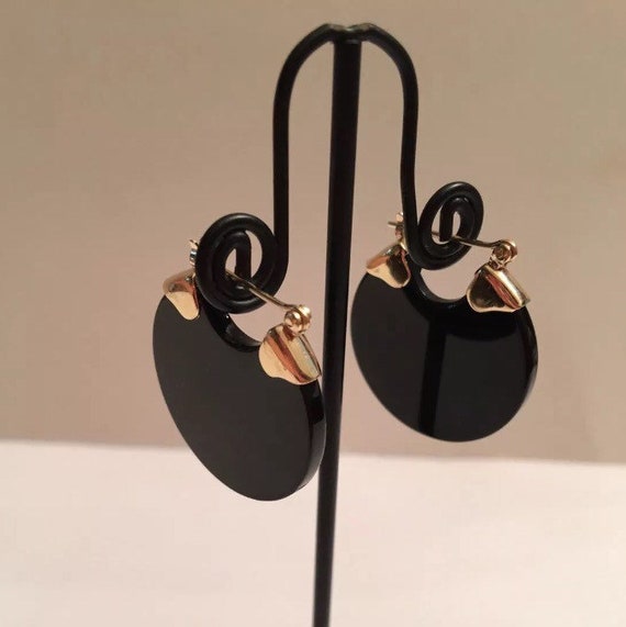 14K Solid Gold & Onyx Flat Disk Hoop Earrings - image 7