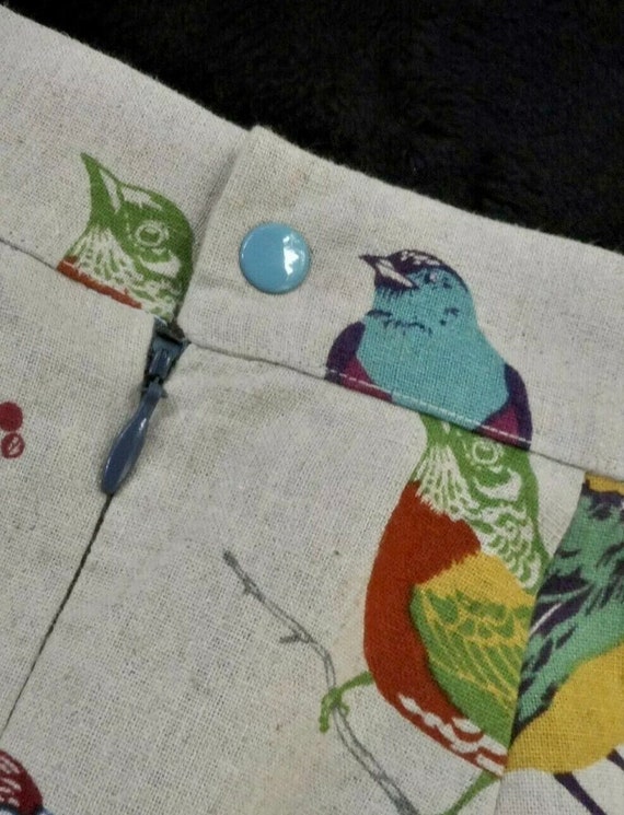 Vintage Colorful Linen Bird A Line Swing Skirt Lin