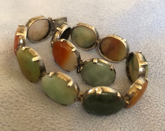 Antique Sterling Silver Multi-Color Natural Jade Bracelet 8”