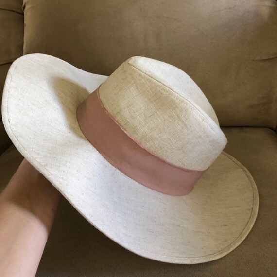 Vintage Floppy Hat With Pink Band Linen & Cotton Adjustable  display picture 3