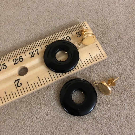 14K Solid Gold & Onyx Disk Hoop Earrings - image 7