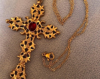 Vintage 1970s Avon Floral Cross Necklace, Red Glass Cabochon