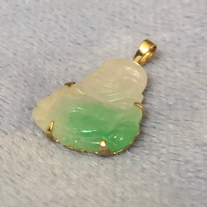 14K Gold Jade Small Buddha Pendant Apple Green Jade