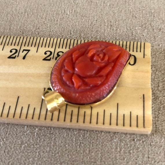 Vintage 18K Gold Carved Red Coral Rose Cameo tear… - image 8