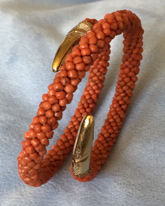 Antique Four String Coral Bracelet with Coral Cameo in 18K Gold - Ruby Lane