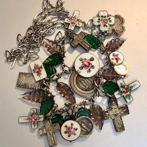Antique Solid Sterling Guilloche Enamel Religious Pink Rose Slide Pendants Loaded Charm Sterling necklace 27”
