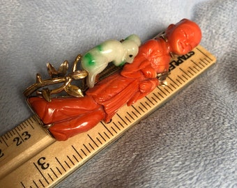 Spectacular 3D Antique 14K Gold Carved Coral and Apple Green Jade Brooch W/Monkey