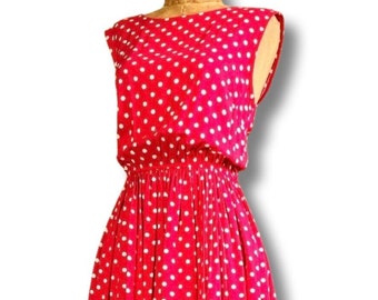 Vintage 1980 Serban Bright Red white Polka dot Sun Dress W/pockets Size Small