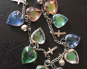 Sterling Silver Multi Color Glass Heart Charms Bracelet with Bells and Cross