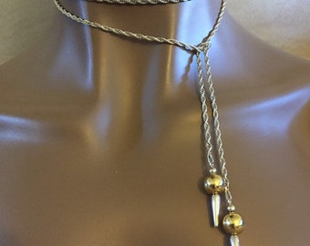 Vintage Italian Sterling silver Rope Chain necklace with large Golden ball Spikes Lariat necklace tie on wrap on