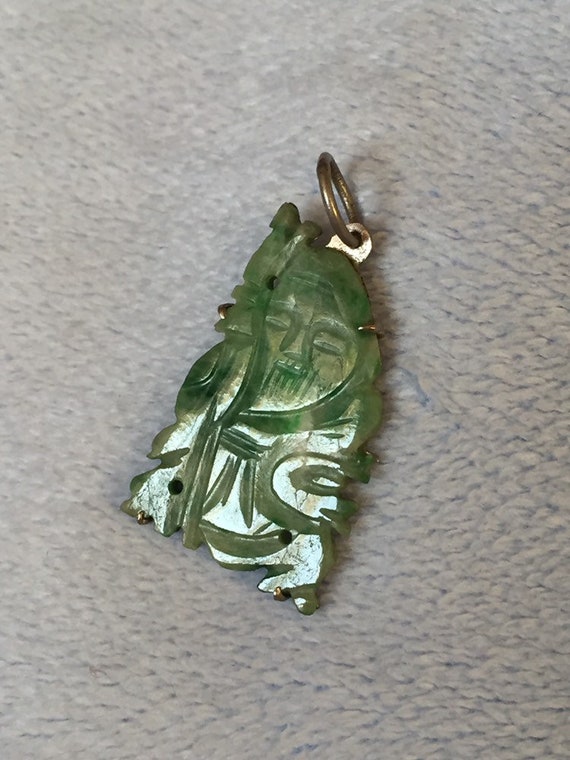 Art Deco Carved Buddha Green Jade Pendant