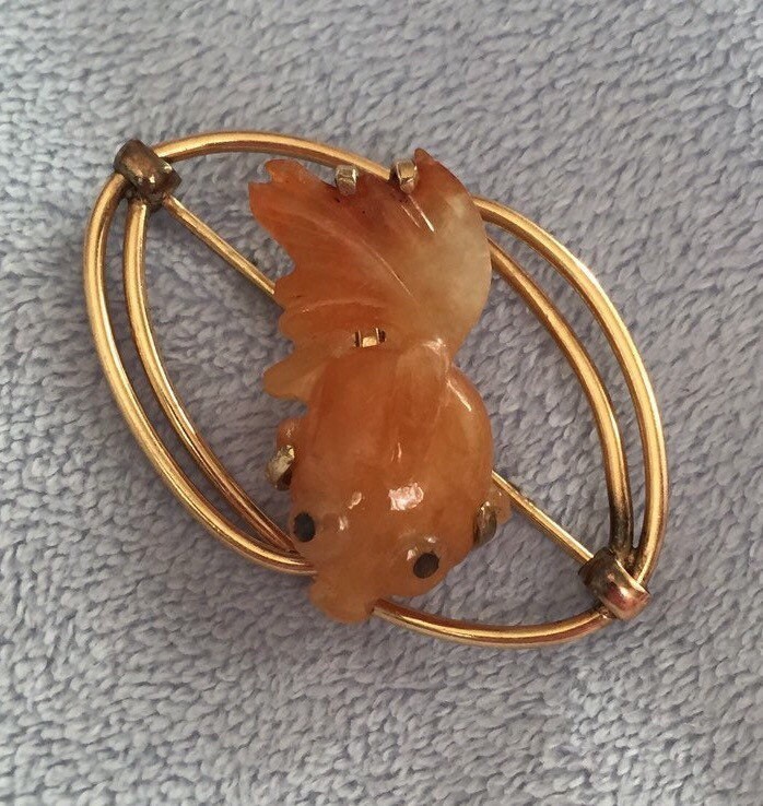 Signed Vintage H.S.B Harry S Bick Jade Fish Brooch Pin 12K