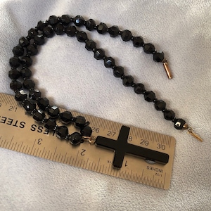 Antique Victorian Faceted Black Jet  Necklace Plunger Clasp W/Jet Cross 15.5”