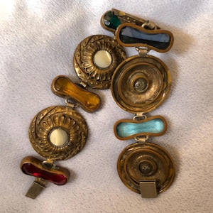 Art Deco Etruscan 1910 - 1930&#39;s Brass Bohemian Czech Glass and MOP Shield Bracelet