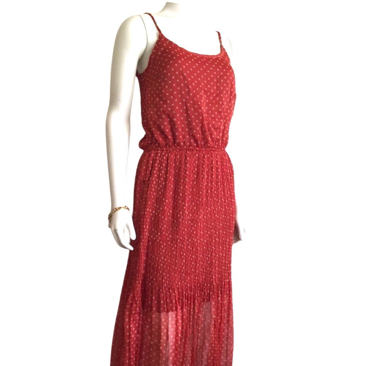 Tomato Burnt-Red Polka Dot Pleated Dress Women's Size Xs w/Adjustable Straps