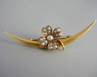 Antique Art Nouveau Pin 10K Solid Gold Crescent 4 Leaf Clover Matte Gold Pearls