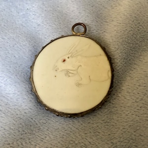 May include: A white porcelain pendant with a silver-toned metal frame. The pendant features a detailed carving of a white rabbit.
