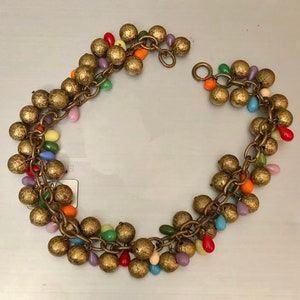 Antique Art Deco multicolored Glass and Brass Pebbled harlequin Charm Necklace 15.5&quot;