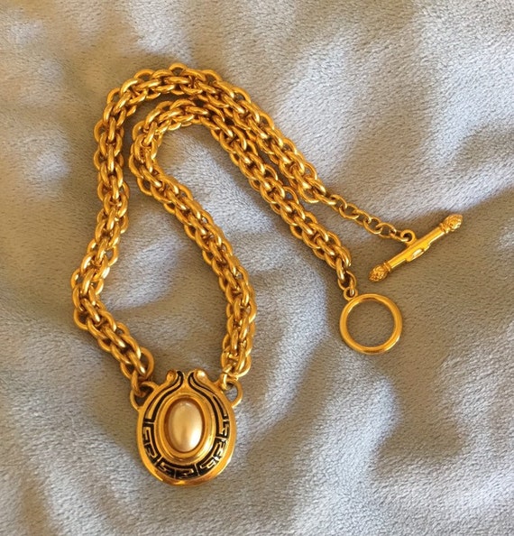 Vintage Horseshoe Pearl Enamel Signed FENDI Logo FF Necklace W