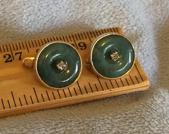 Art Deco Solid Gold Genuine Carved green Jade and Diamond Donut Disk earrings