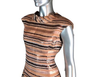 Designer’s Original 1950-1960's Vintage Rare I. MAGNIN Rose Gold Metallic Striped LAME MOD Space Age Dress