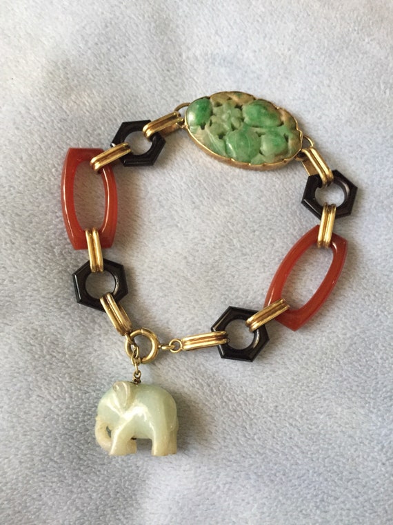 Antique 14K Solid Gold Jade Bracelet - image 2