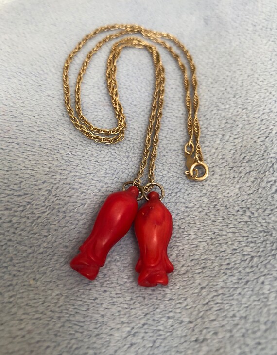 Antique Carved Red Coral Rose Buds Pendant W/Rope… - image 5