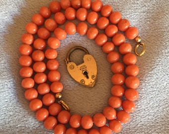 Antique Carved Coral Necklace W/Victorian Rose gold Filled Heart Padlock Pendant and Lock