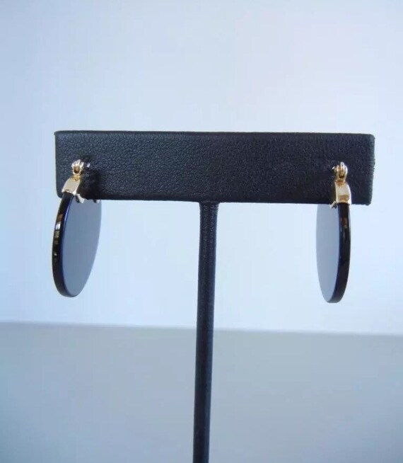 14K Solid Gold & Onyx Flat Disk Hoop Earrings - image 4