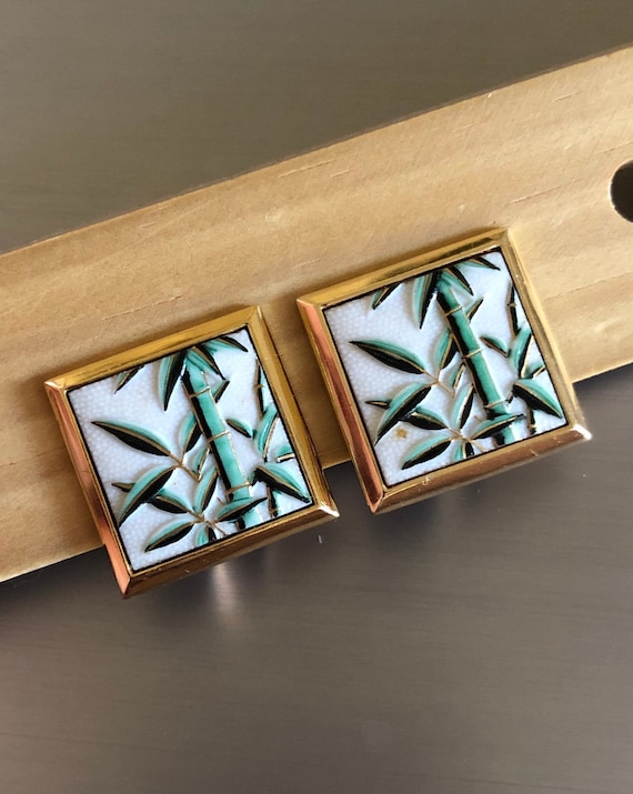 Rare Signed Toshikane Japan Clip on Earrings Bamboo S… Gem
