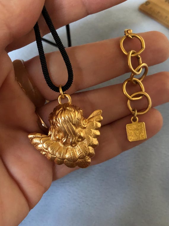 Vintage Anne Klein Gold Tone Cherub Angel Pendant Necklace, 16