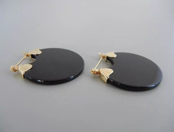 14K Solid Gold & Onyx Flat Disk Hoop Earrings - image 2