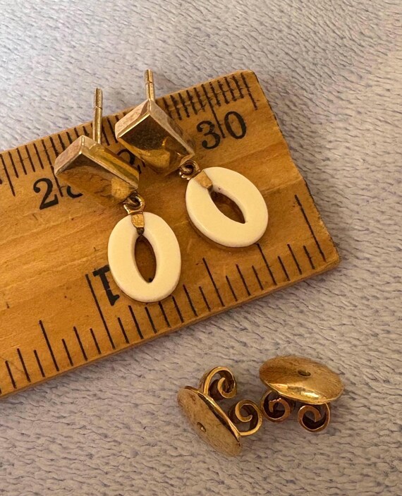 Antique 14K Solid Gold Dangle Stud Gemstone inlay… - image 9