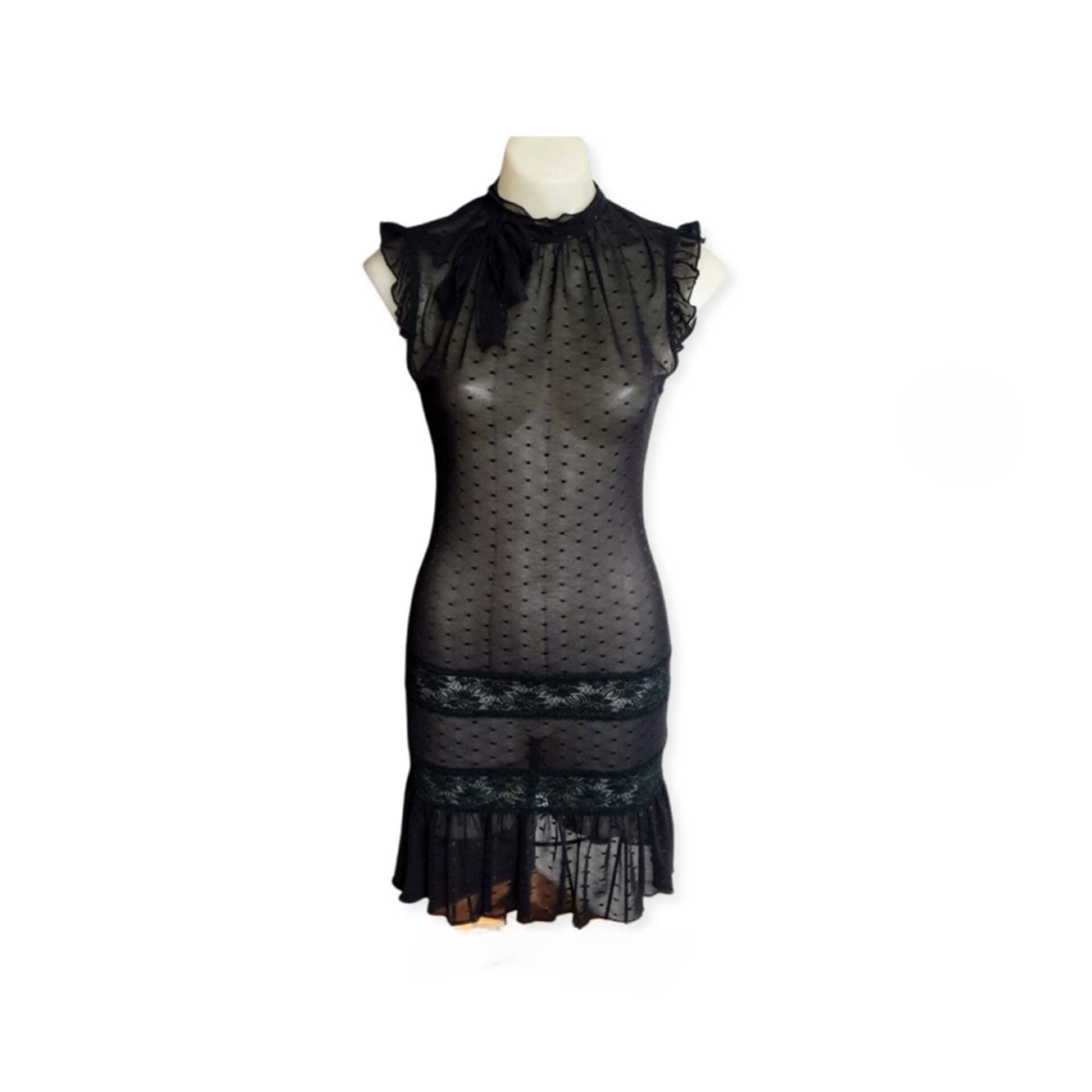 Vintage Black Lace Sheer Dress, Ruffle Trim, 1920S Style, Size S