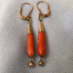 Victorian 10K Rose Gold Salmon Coral Dangle Drop Earrings