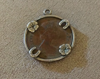 Vintage Sterling Silver Lucky Horseshoe Clover Lucky penny Coin token Talisman Pendant