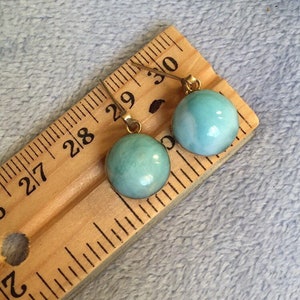 Art Deco 14k Yellow Gold Reversible Earrings w Robin&#39;s Egg Blue Larimar & Amber