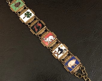 WWI Antique Luck Symbols Enamel Panel Brass Bracelet