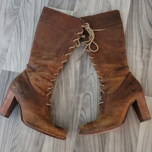 Vtg Frye Boots French Country Womens Size 7 Leather Villager Lace Tall Heel Boots Distressed Brown