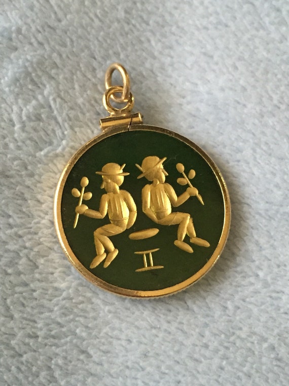 Gold Filled Spinach Jade Gemini Coin Pendant