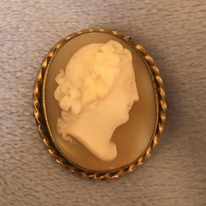 Op de afbeelding: Ovale camee-broche met een profiel van een vrouwengezicht, gesneden in crèmekleurig materiaal. De camee is gezet in een goudkleurige, gedraaide lijst. De achtergrond is een lichtblauwe stof.