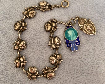 Antique Sterling Catholic Saints Rose Charm Bracelet W/French Blue Enamel Charm 7.5”