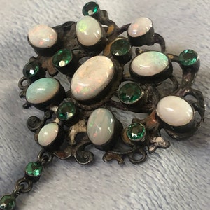 Antique Austro Hungarian Silver Enamel Brooch Pin W/Opal and Green Garnet