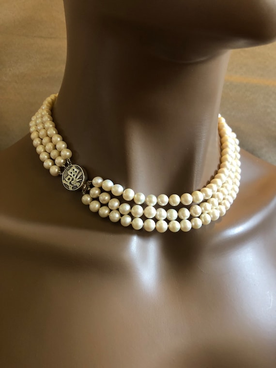 Neckless-neckless クッション(3)アンティーク　フランス Art Deco Triple Strand Chinese Pearl Necklace W/sterling Silver